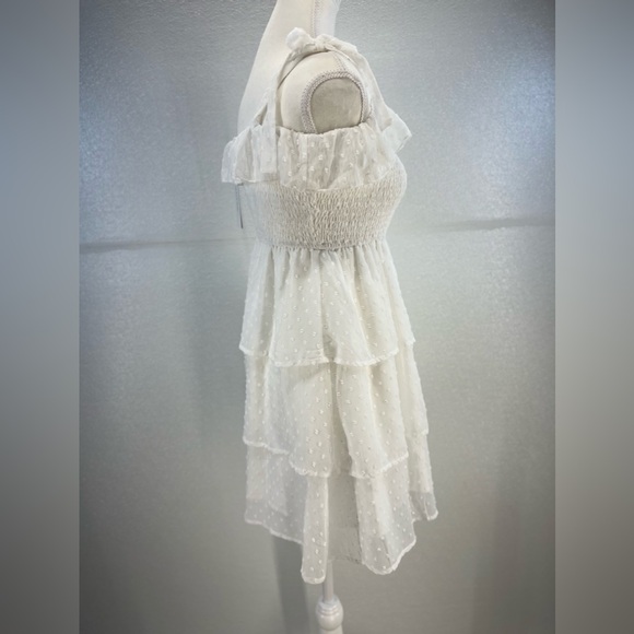 Square Neck Puff Sleeves Ruffle Midi Dress Boho Swiss Dot Tie Back Smocked Dress - Picture 7 of 17